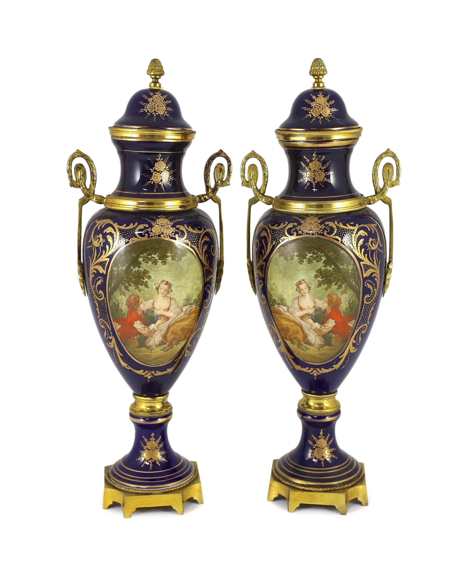 A pair of Sevres style porcelain and ormolu mounted vases, late 20th century, 49 cm high